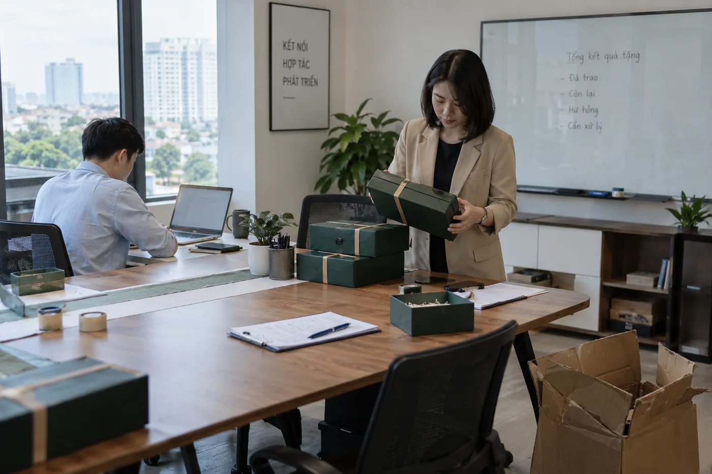 Nh&acirc;n sự kiểm hộp qu&agrave; c&ograve;n lại v&agrave; bao b&igrave; hỏng sau một đợt