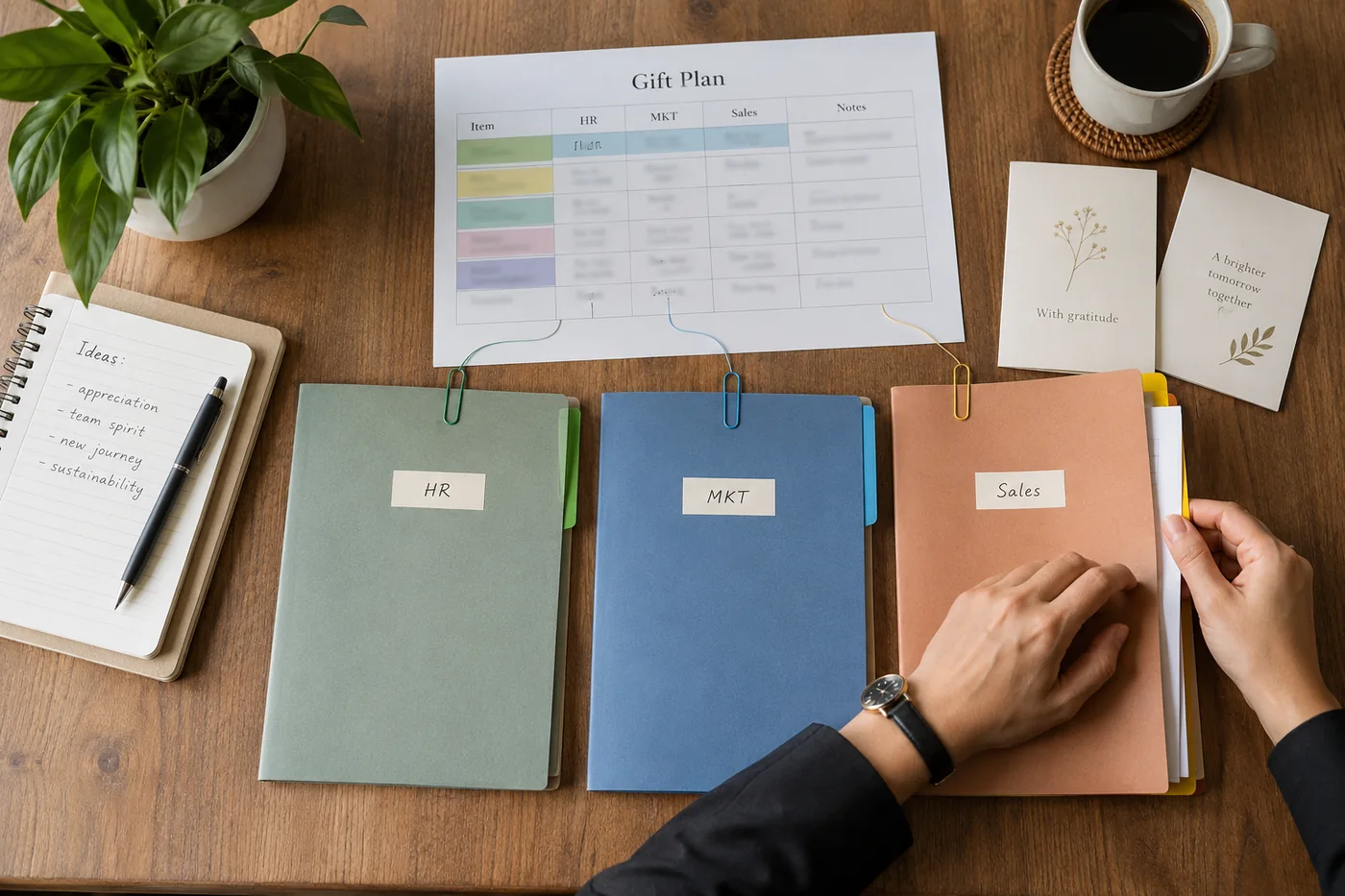 Bảng giấy v&agrave; ba hồ sơ HR, MKT, Sales tr&ecirc;n b&agrave;n l&agrave;m việc