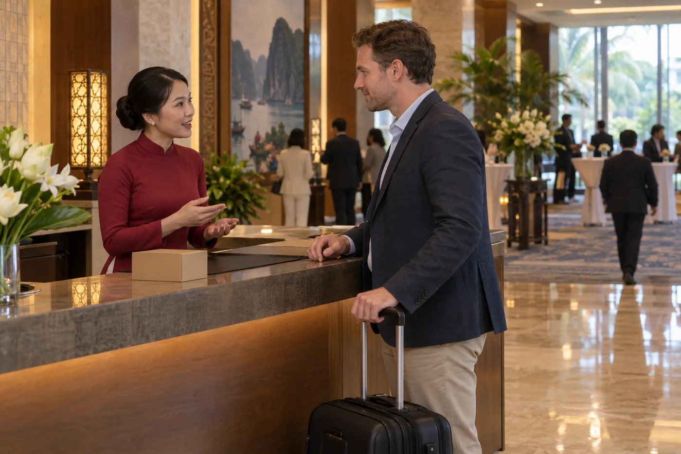Chủ sự kiện trao đổi với kh&aacute;ch c&oacute; vali, hộp qu&agrave; vẫn đặt tr&ecirc;n quầy