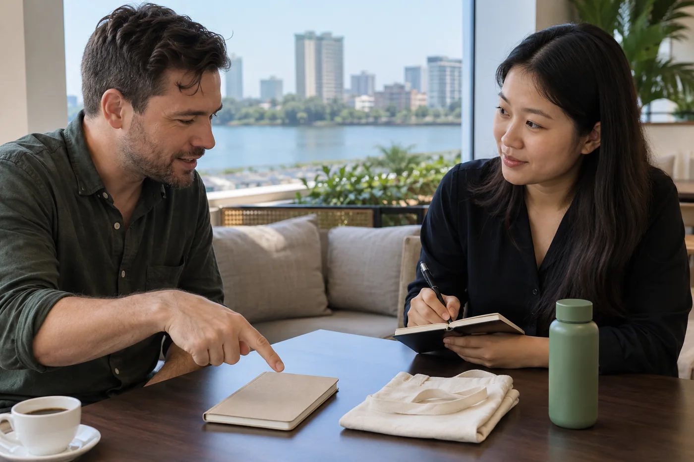 Người tổ chức nghe kh&aacute;ch trao đổi giữa c&aacute;c mẫu sổ, t&uacute;i v&agrave; b&igrave;nh