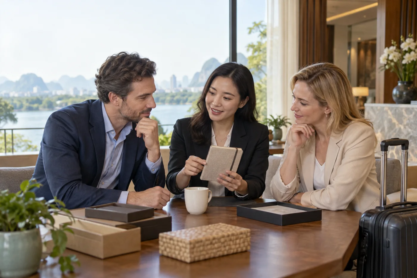 Người tổ chức trao đổi với hai kh&aacute;ch về sổ v&agrave; cốc, vali ở b&ecirc;n cạnh