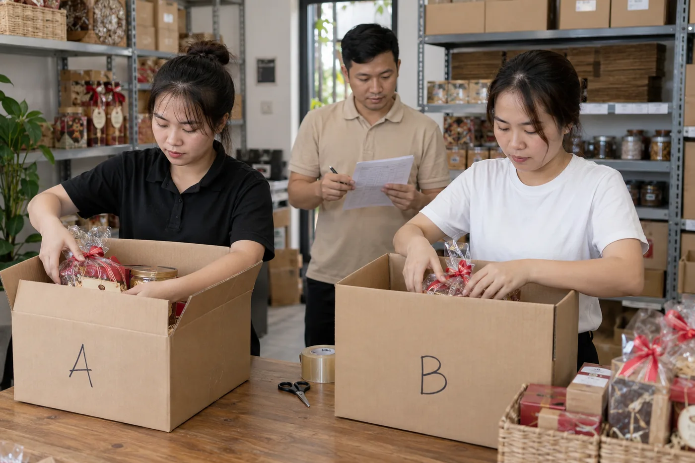 Nh&oacute;m nh&acirc;n sự xếp qu&agrave; v&agrave;o hai th&ugrave;ng ghi A v&agrave; B trong kho