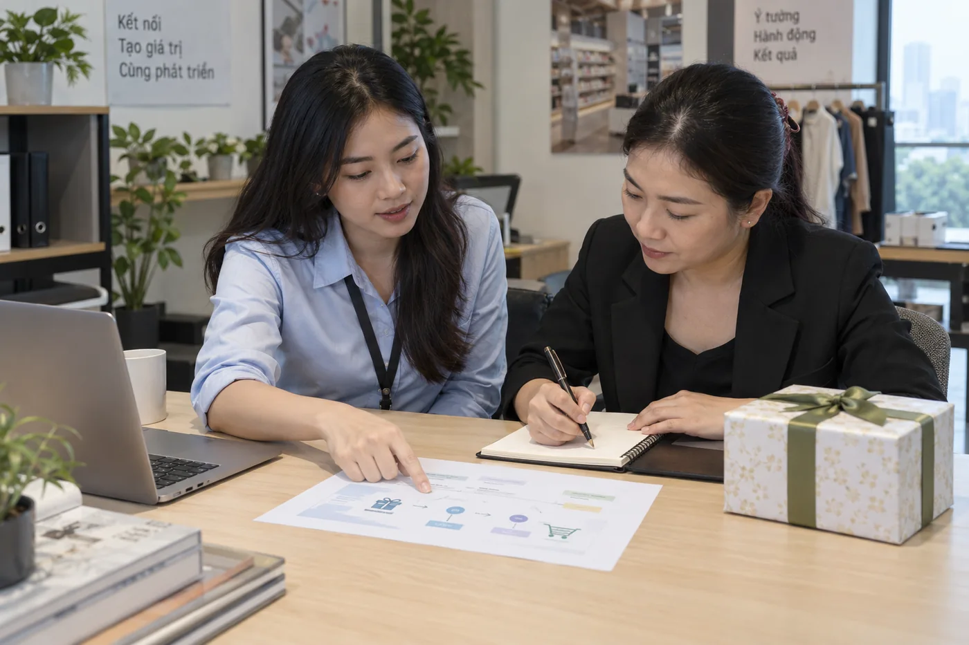 Hai nh&acirc;n sự xem sơ đồ chương tr&igrave;nh cạnh hộp qu&agrave; mẫu
