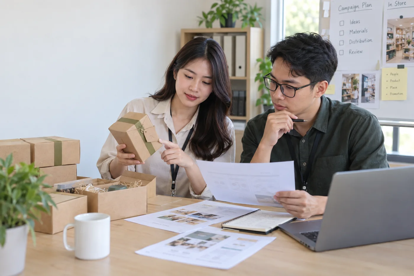 Hai người kiểm hộp qu&agrave; v&agrave; t&agrave;i liệu kế hoạch tại văn ph&ograve;ng
