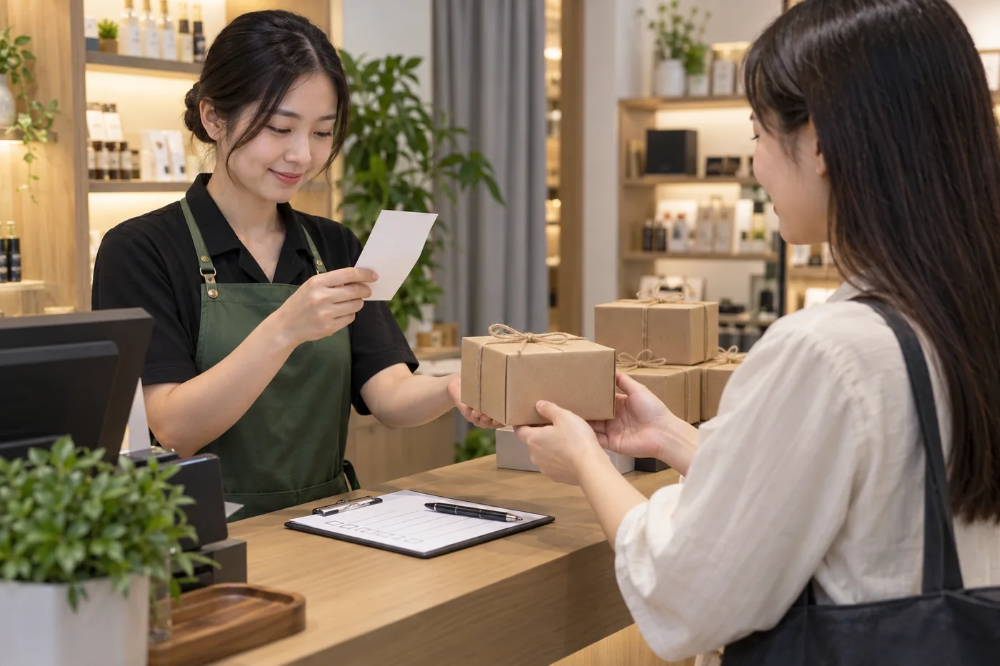 Nh&acirc;n vi&ecirc;n xem phiếu v&agrave; trao hộp qu&agrave; tại quầy trong cảnh diễn tập