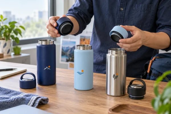 Người phụ trách đối chiếu nắp của ba bình quà tặng in dấu