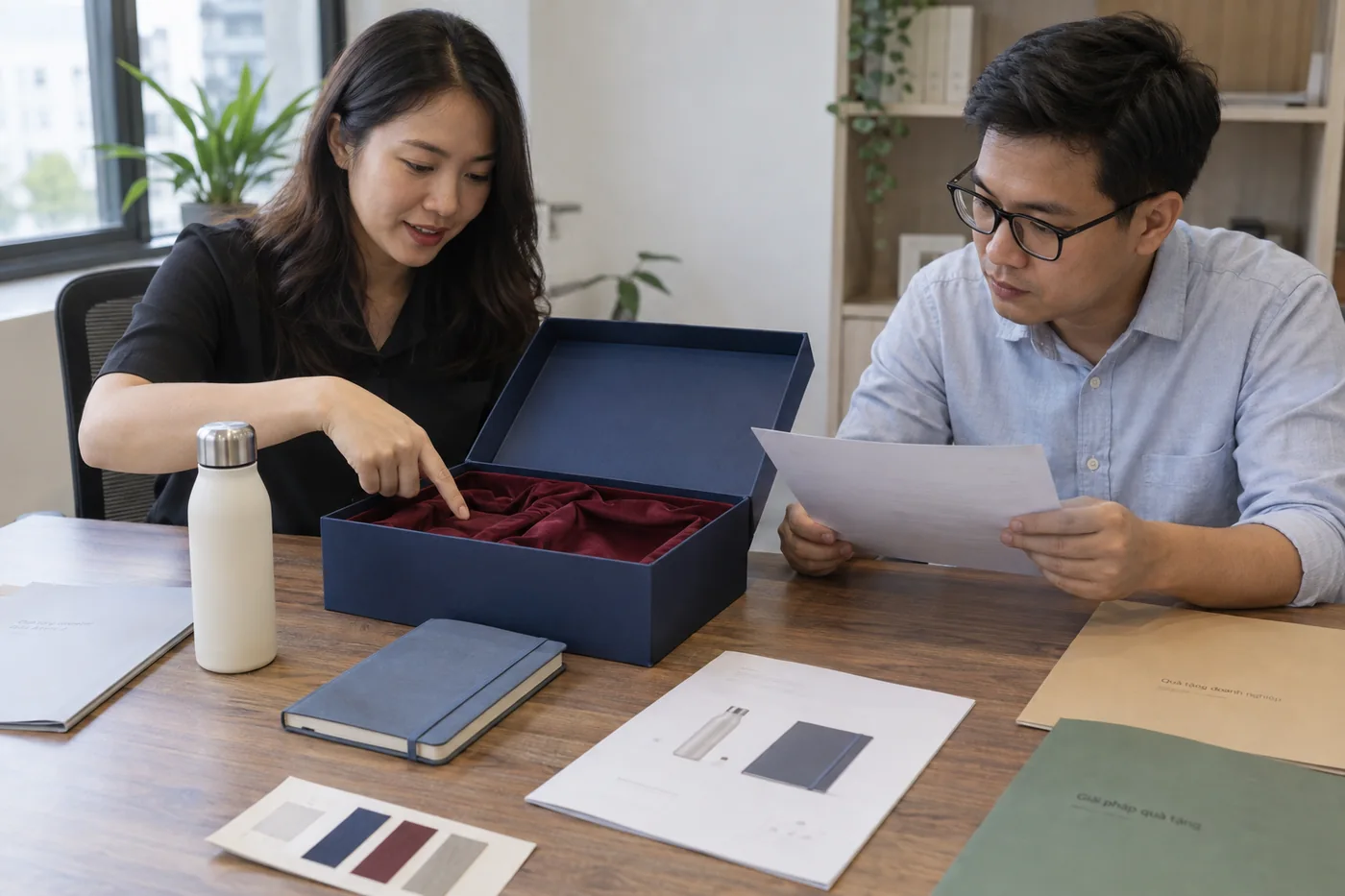 Hai nh&acirc;n sự đối chiếu hộp xanh, lớp l&oacute;t đỏ, b&igrave;nh v&agrave; sổ với t&agrave;i liệu mẫu
