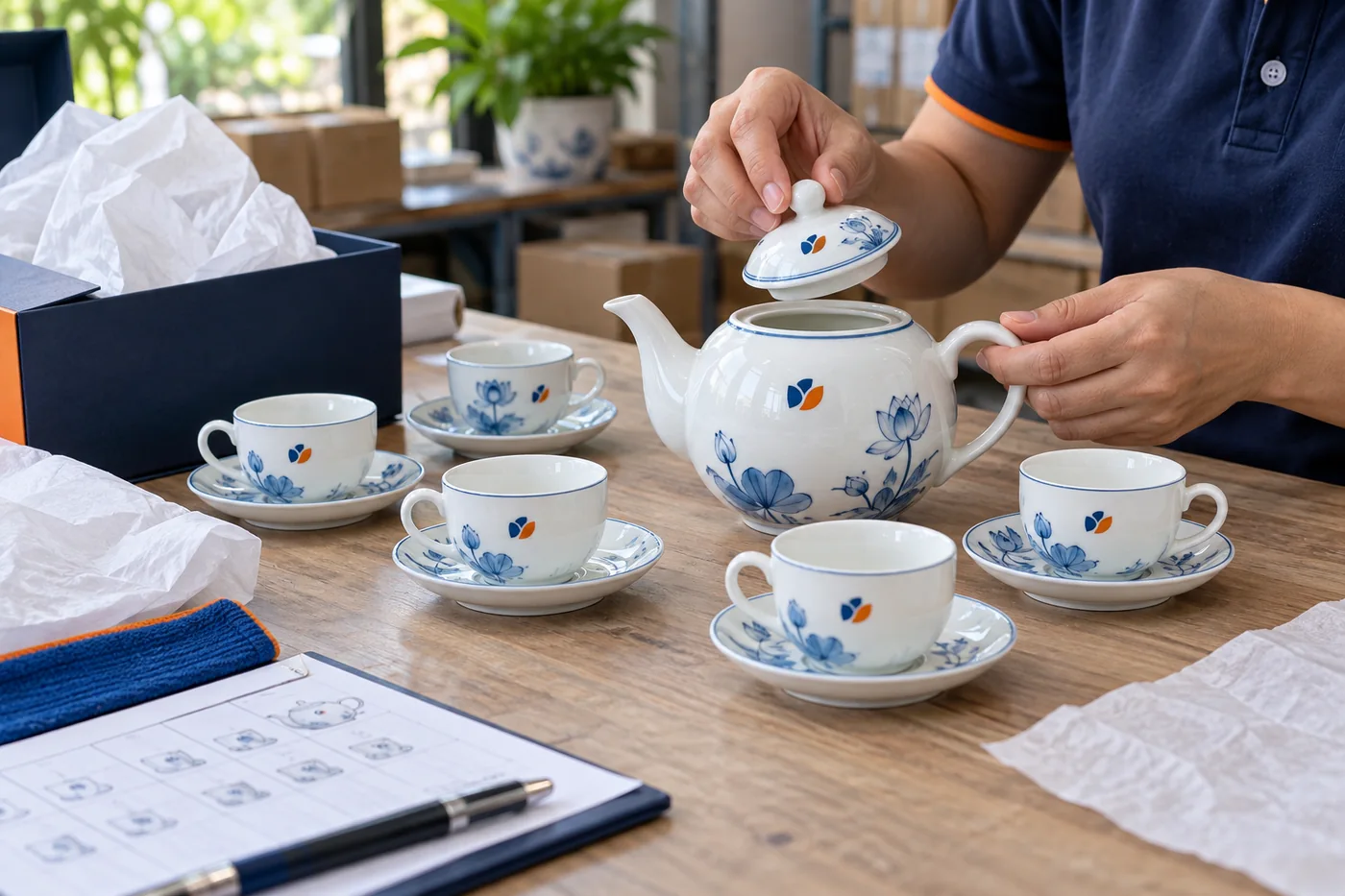 Người phụ tr&aacute;ch đối chiếu nắp ấm v&agrave; c&aacute;c ch&eacute;n sứ in dấu tr&ecirc;n b&agrave;n kiểm
