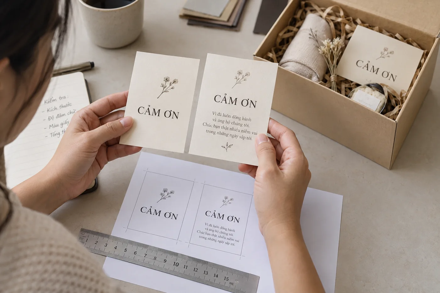 Hai thiệp cảm ơn được cầm đối chiếu b&ecirc;n thước v&agrave; bản in thử