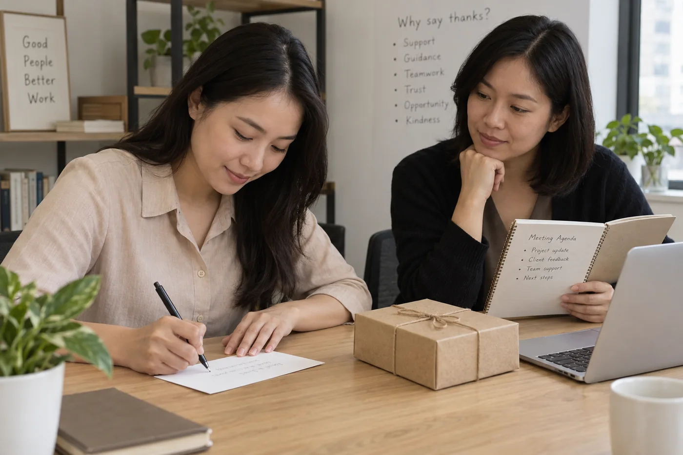Nh&acirc;n sự viết bản nh&aacute;p trong l&uacute;c đồng nghiệp xem ghi ch&uacute; cuộc gặp