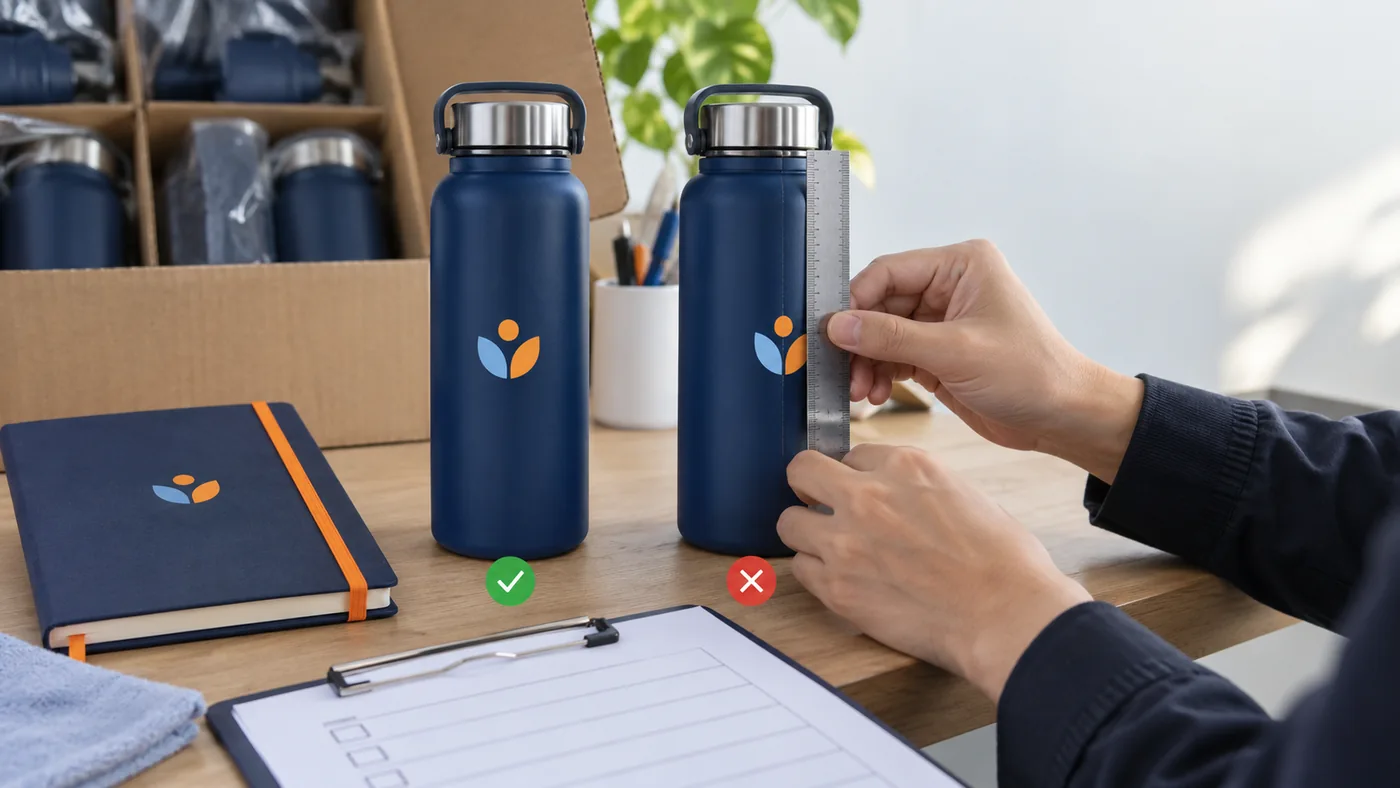 Hai b&igrave;nh qu&agrave; in dấu được so vị tr&iacute; logo bằng thước v&agrave; mẫu tham chiếu