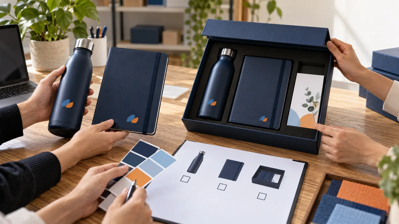 Hai người đối chiếu b&igrave;nh sổ in logo với bộ qu&agrave; v&agrave; khay hộp tiền sản xuất