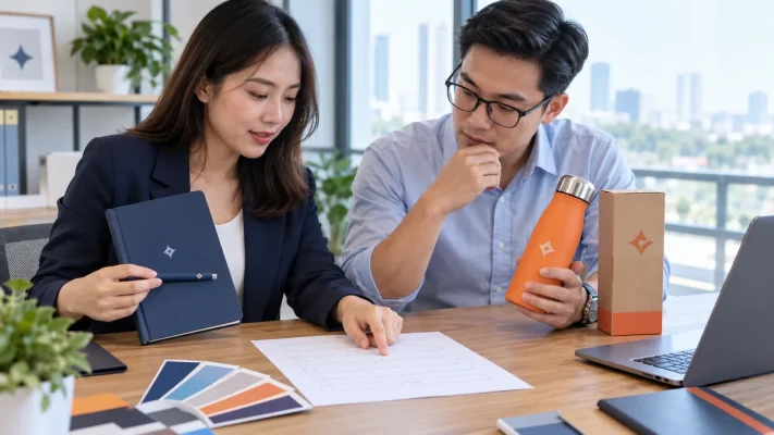 Hai người so sổ và bình có in dấu cạnh bản yêu cầu báo giá còn trống