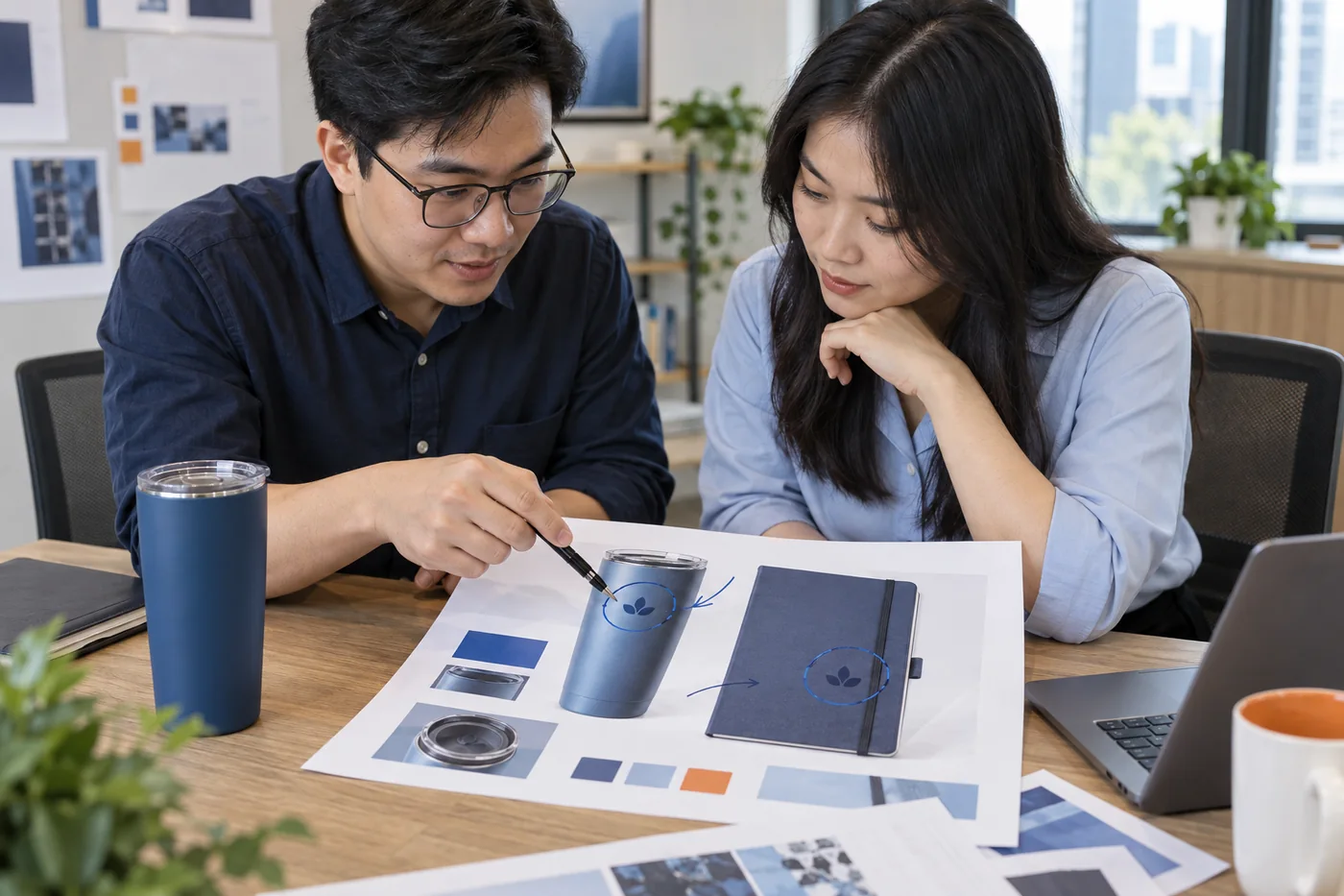Hai người đánh dấu vị trí logo trên bản mô phỏng bộ quà