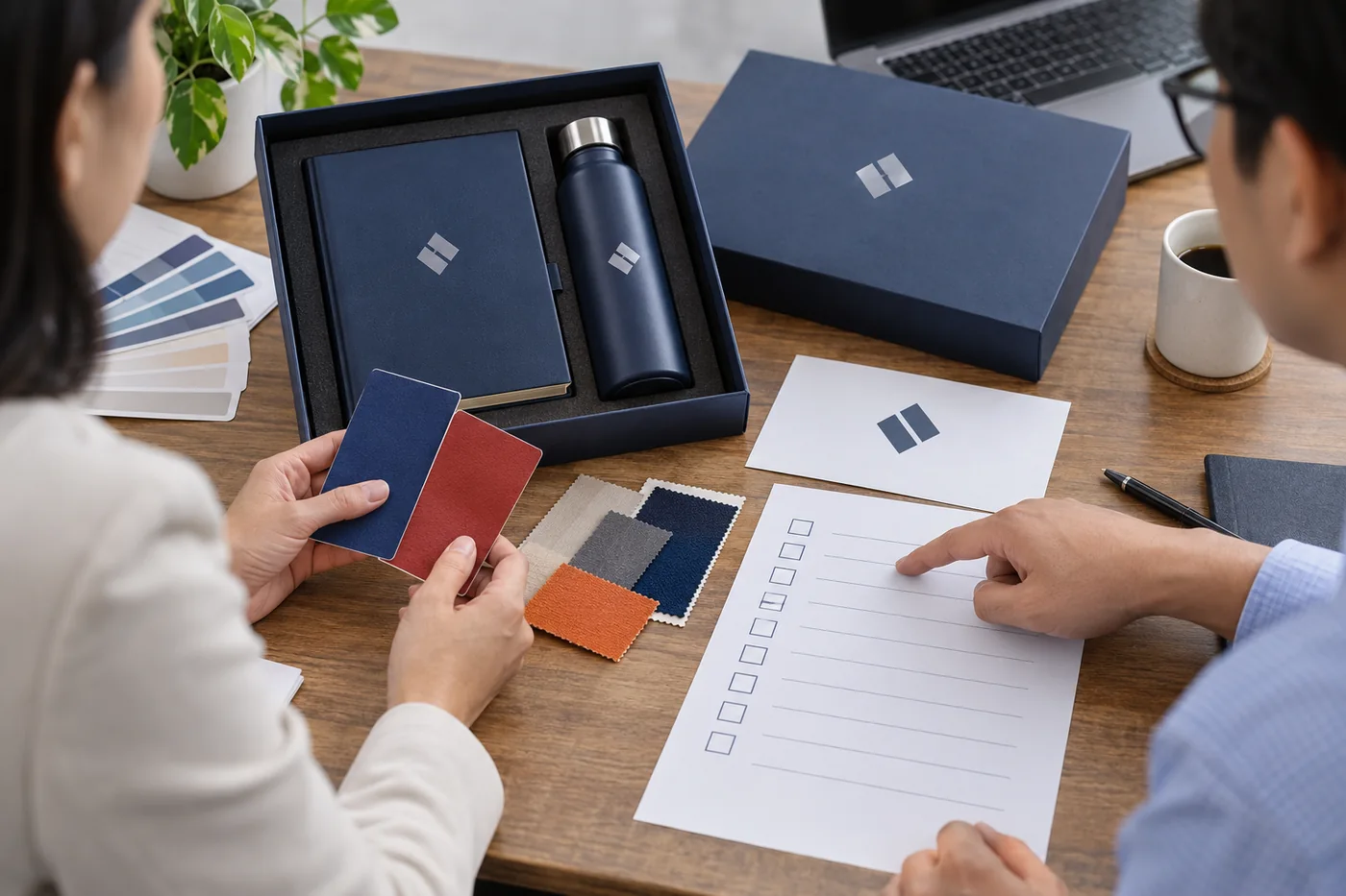 Hai người xem mẫu hộp qu&agrave; xanh in dấu v&agrave; phiếu c&acirc;u hỏi chưa điền về m&agrave;u, logo, hộp