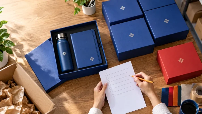 Bộ quà xanh in dấu, các hộp cùng mẫu và một hộp màu khác bên phiếu kiểm số lượng