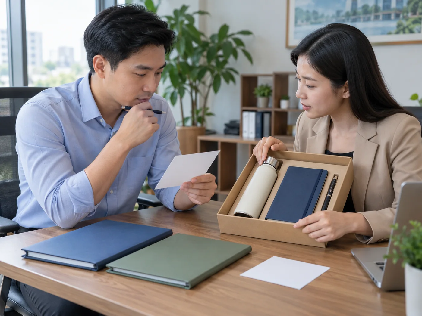 Hai người đối chiếu thẻ cấu hình với bộ quà và hai tập hồ sơ
