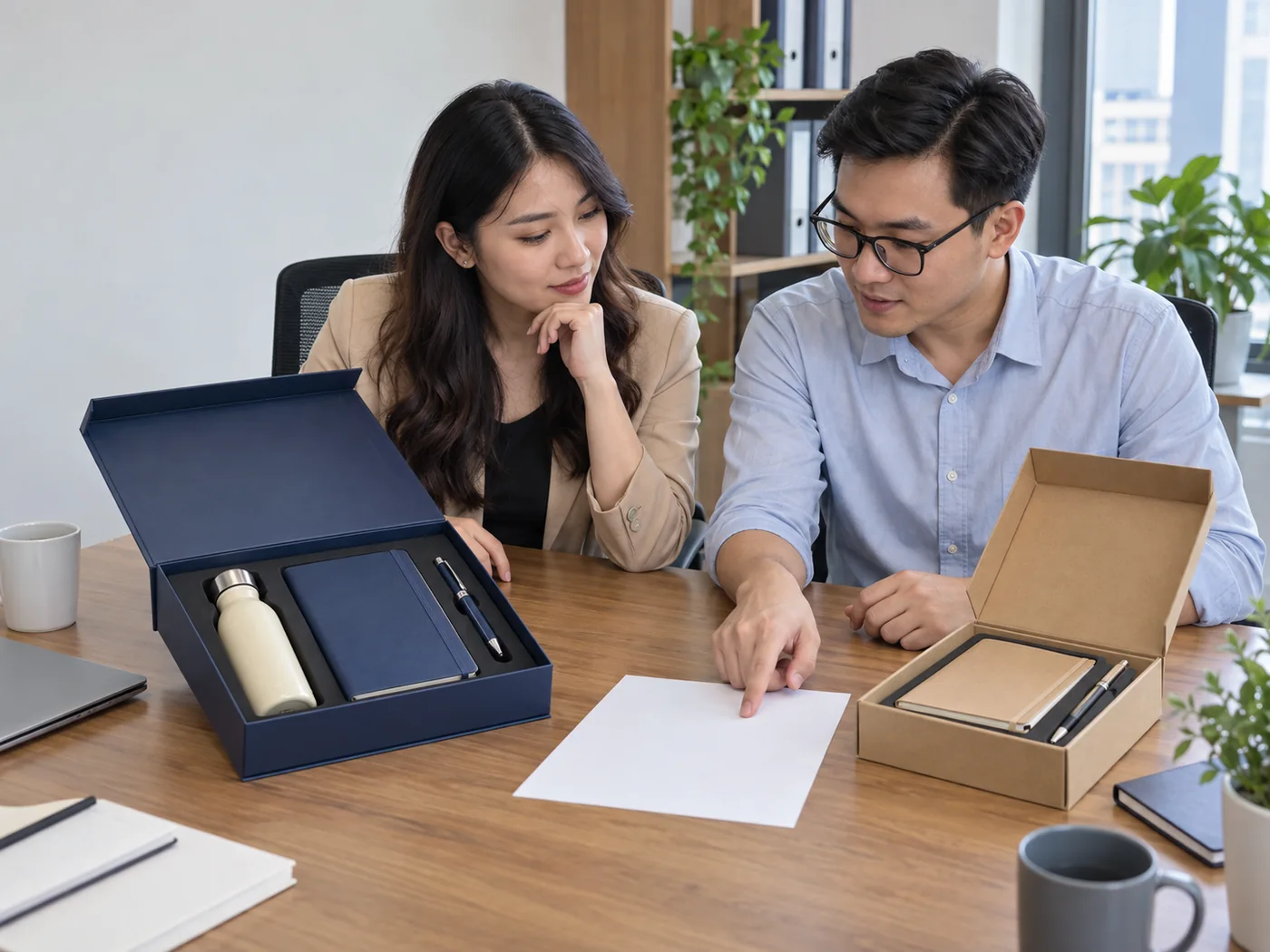 Hai người so bộ bình sổ bút với bộ sổ bút trong hai hộp khác nhau
