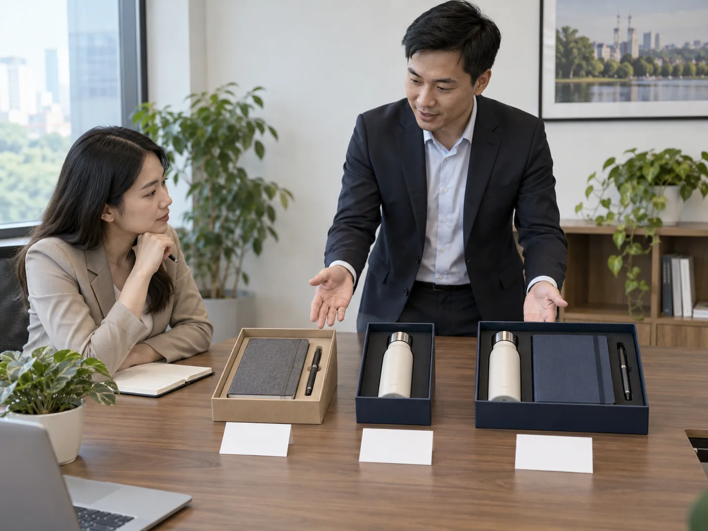Người trình bày ba cấu hình quà với thẻ trắng trước từng hộp
