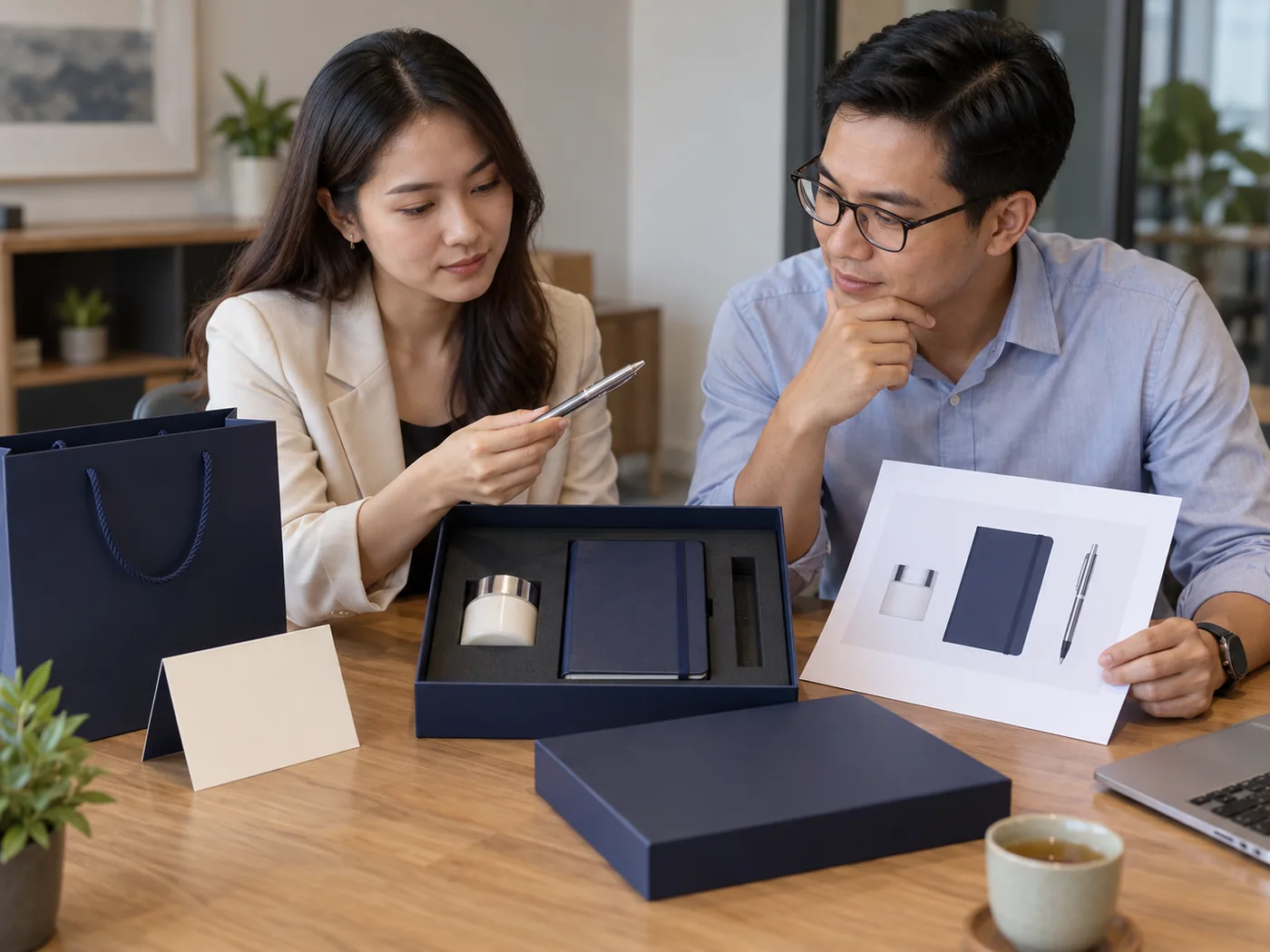Hai người đối chiếu bộ sổ, bình nhỏ và bút với hình cấu hình