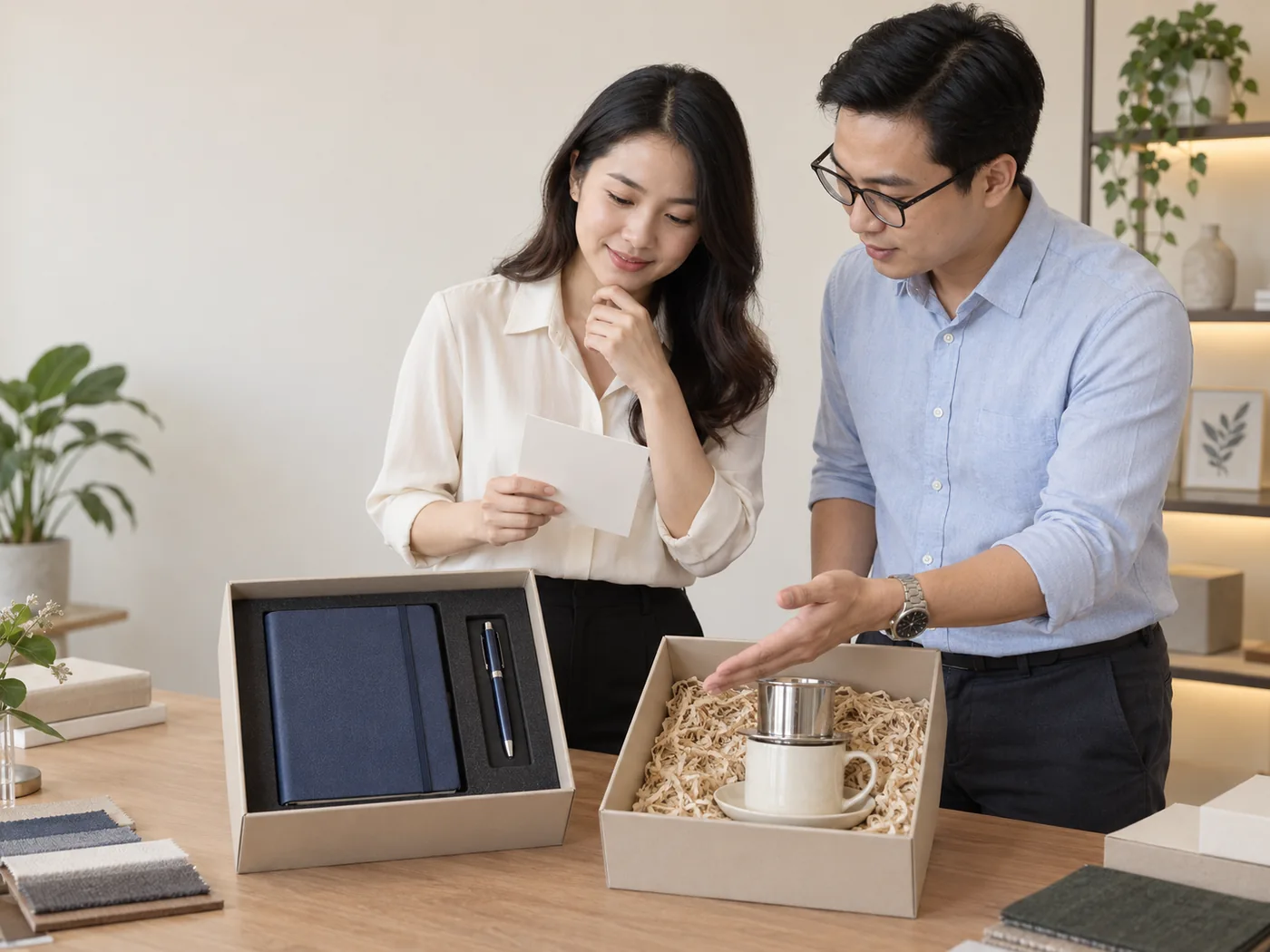 Hai người đối chiếu bộ sổ bút và bộ cốc phin trên bàn mẫu