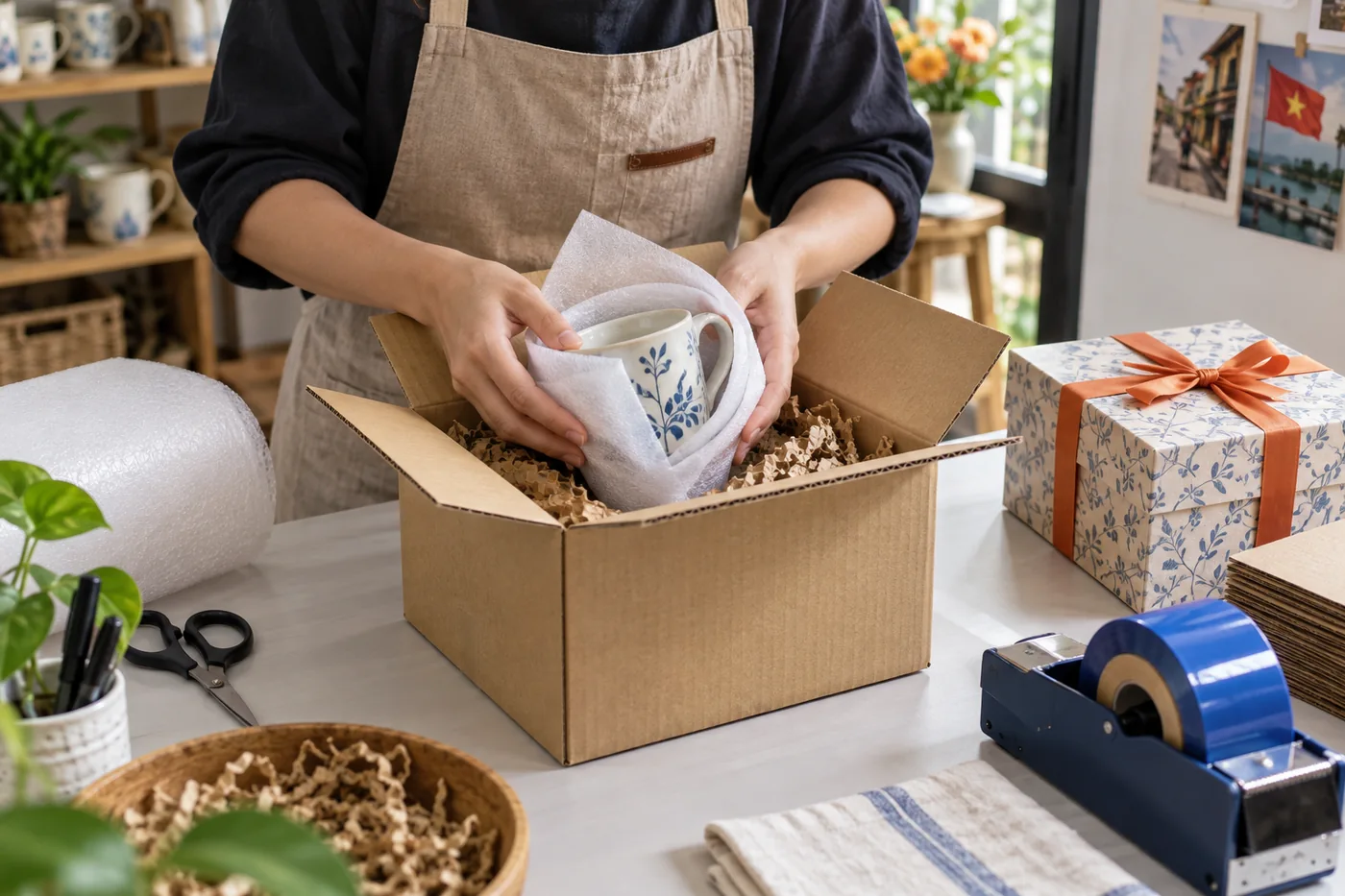Cốc gốm được bọc s&aacute;t v&agrave; đặt trong hộp carton gửi h&agrave;ng