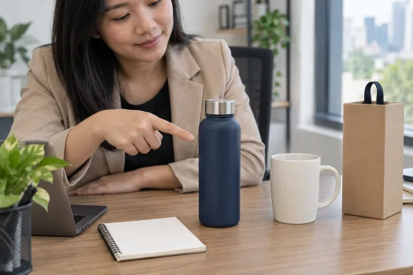 Người phụ trách chọn giữa bình màu xanh và cốc trắng trên bàn