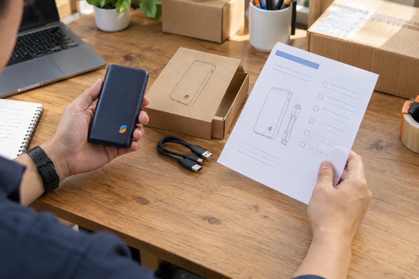 Tay cầm sạc dự ph&ograve;ng để đối chiếu với hộp, c&aacute;p v&agrave; bảng kiểm mẫu