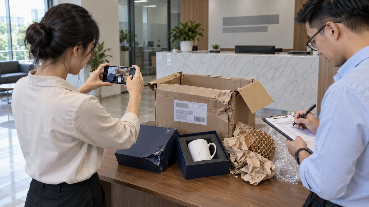 Hai nh&acirc;n sự ghi nhận kiện m&oacute;p, hộp hỏng v&agrave; cốc nứt tại điểm nhận