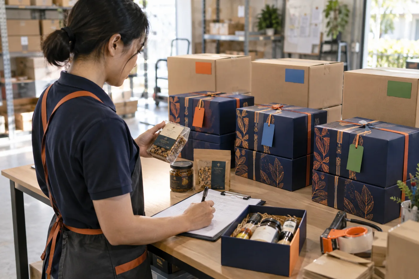 Nh&acirc;n vi&ecirc;n ghi bảng theo d&otilde;i l&ocirc; b&ecirc;n c&aacute;c nh&oacute;m hộp qu&agrave; chuẩn bị giao
