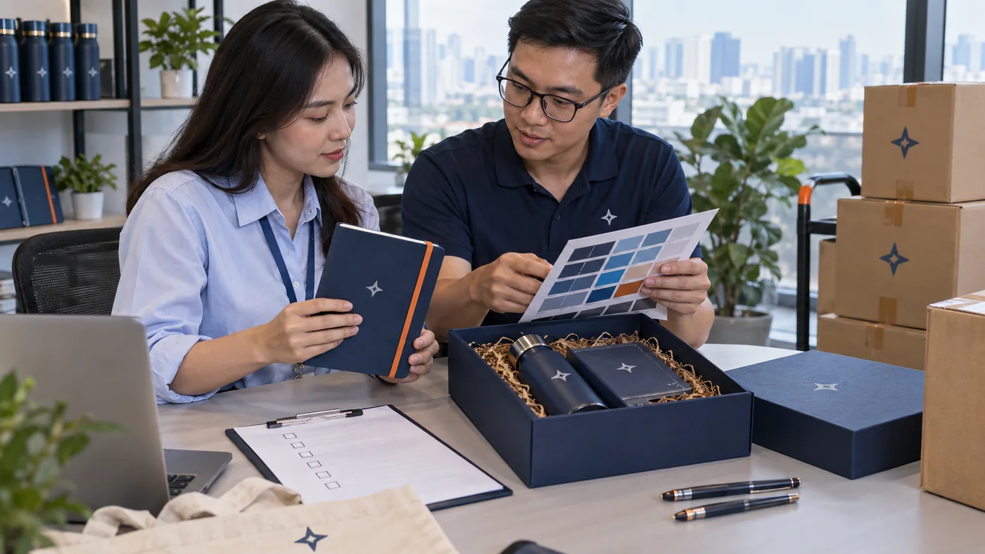 Hai người đối chiếu sổ v&agrave; b&igrave;nh in dấu với bảng m&agrave;u, bộ qu&agrave; mở v&agrave; th&ugrave;ng giao