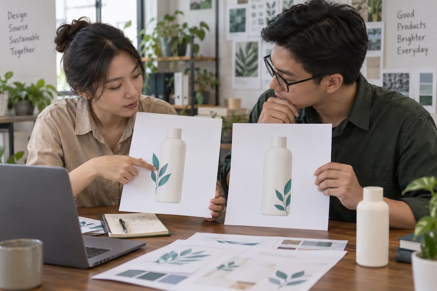 Hai nh&acirc;n sự so bản thiết kế b&igrave;nh c&oacute; vị tr&iacute; họa tiết l&aacute; kh&aacute;c nhau