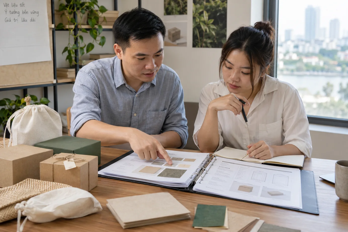 Hai nh&acirc;n sự đối chiếu hồ sơ bố cục bao b&igrave; với sổ ghi ch&uacute;