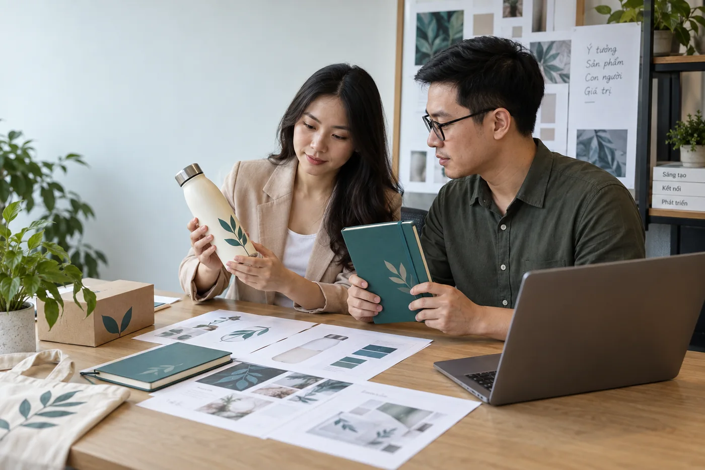 Hai nh&acirc;n sự xem b&igrave;nh sổ in họa tiết l&aacute; v&agrave; bản thiết kế tr&ecirc;n b&agrave;n