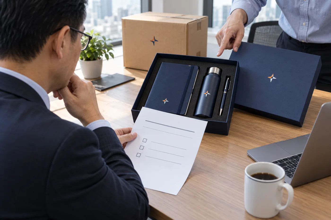 Người quản l&yacute; xem phiếu duyệt c&ograve;n trống cạnh bộ sổ b&uacute;t b&igrave;nh c&oacute; in dấu