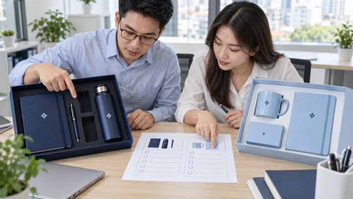 Hai người so hai bộ quà có in dấu trên bảng đối chiếu chưa ghi giá