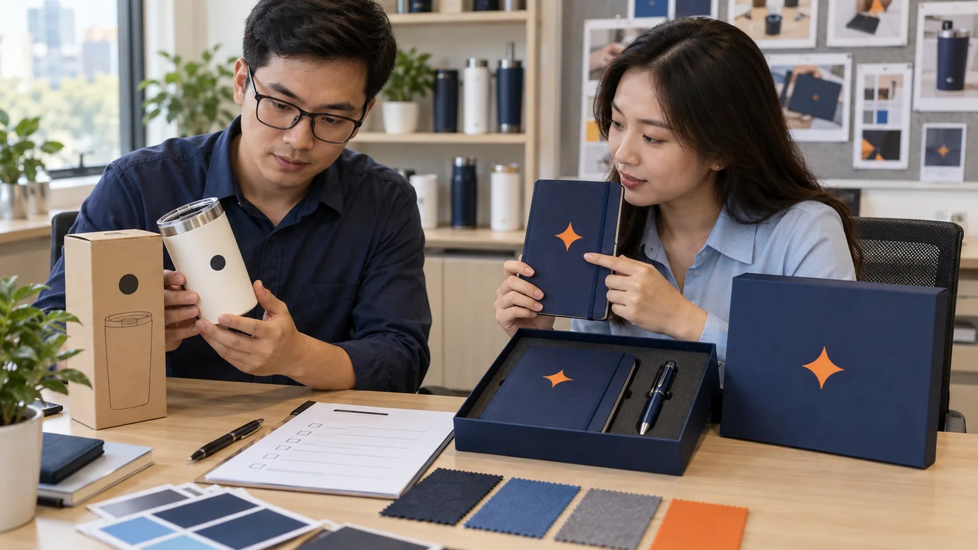 Hai người đối chiếu cốc đ&oacute;ng hộp sẵn với bộ qu&agrave; sổ b&uacute;t c&oacute; dấu nhận diện ri&ecirc;ng