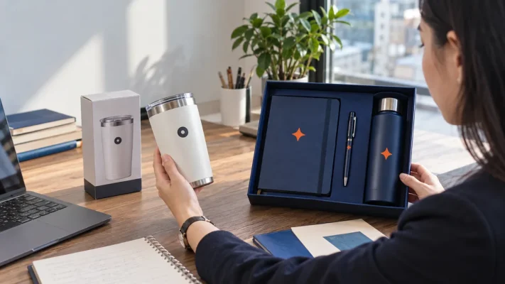 Người mua so cốc có hộp nhãn nhà sản xuất với bộ sổ bút và bình in dấu riêng