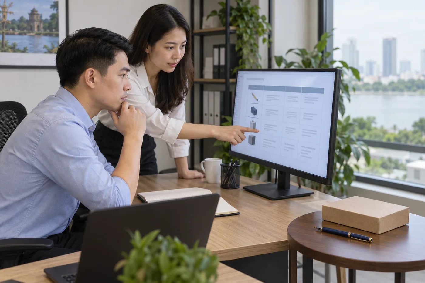 Hai nh&acirc;n sự xem đề xuất, hộp qu&agrave; mẫu để ri&ecirc;ng ở b&agrave;n b&ecirc;n
