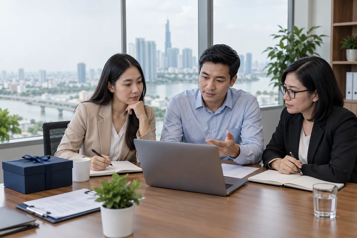 Ba đồng nghiệp r&agrave; hồ sơ b&ecirc;n hộp qu&agrave; chưa trao