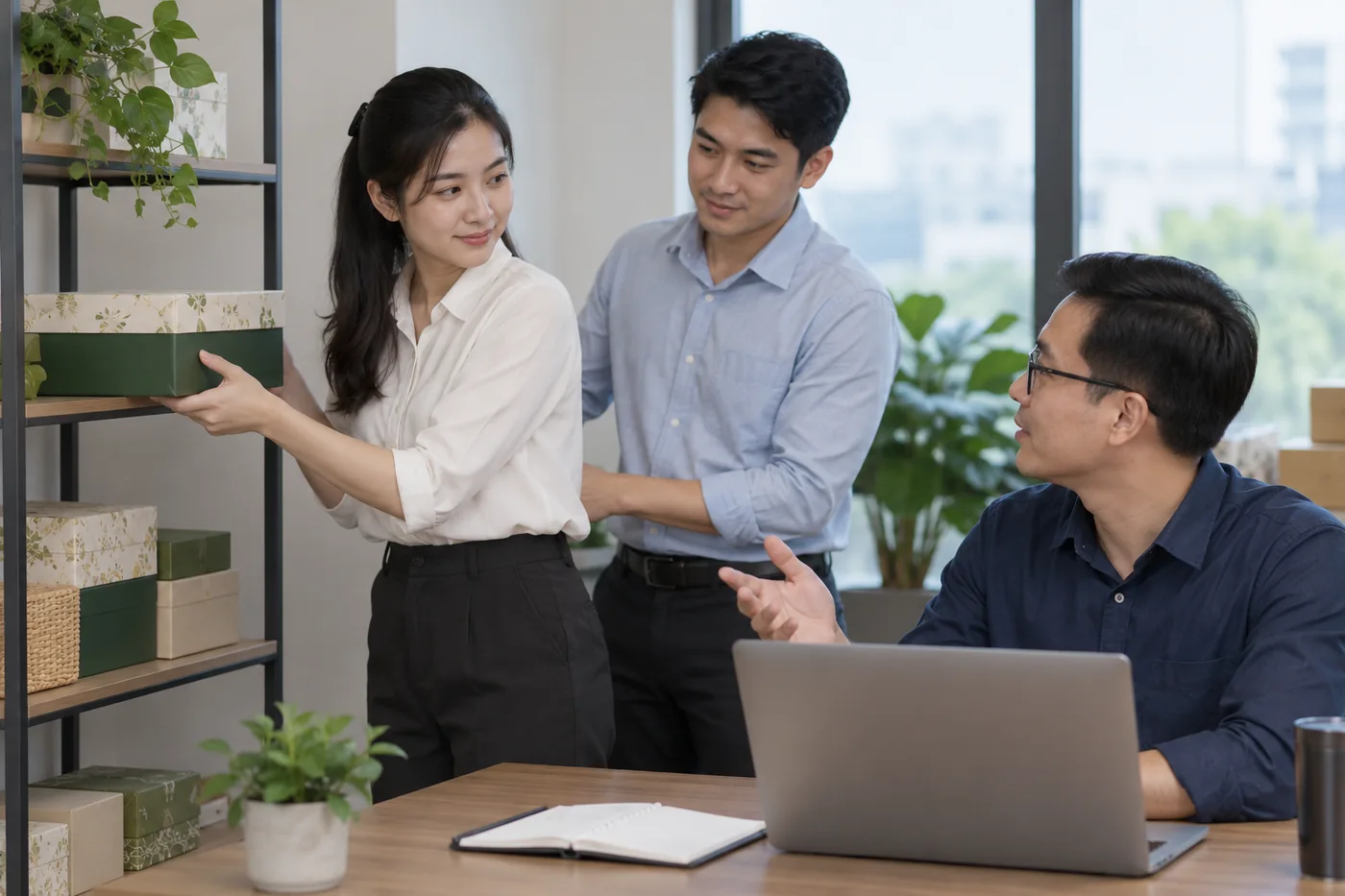 Nh&acirc;n sự tạm giữ hộp mẫu ở kệ trong khi trao đổi với người r&agrave;