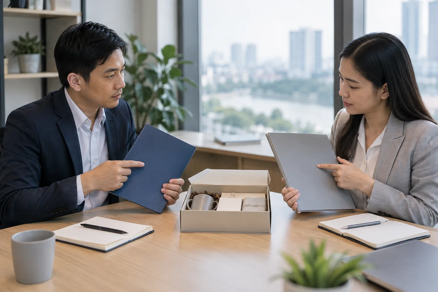Hai đồng nghiệp đối chiếu hai bộ hồ sơ ri&ecirc;ng b&ecirc;n mẫu qu&agrave;
