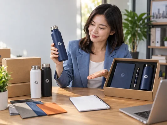 Người mua so bình in dấu với bộ hộp quà nhiều món trên bàn làm việc