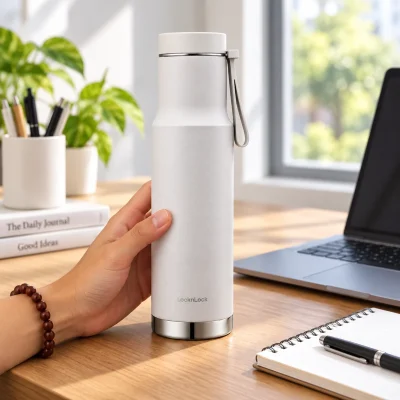 Bình giữ nhiệt Lock&Lock Metro Edge 620 ml LHC4199IVY trắng – hình dung bình trên bàn làm việc