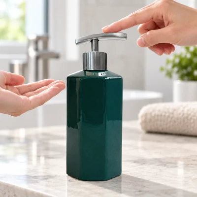 Bình gốm có vòi inox bát giác 250 ml, men xanh đậm – đặt bình xanh ở bàn rửa sáng