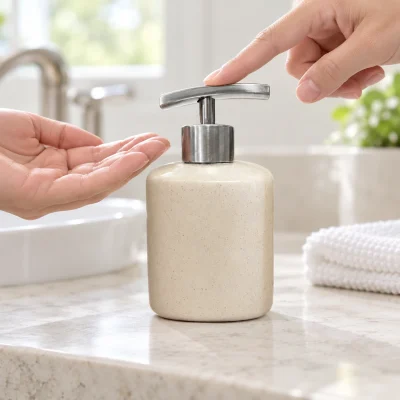 Bình gốm có vòi inox dáng oval 250 ml, men chấm – bố trí một chiếc tại bàn rửa