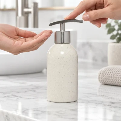 Bình gốm có vòi inox trụ tròn 180 ml, men chấm – bố trí một bình tại bàn rửa