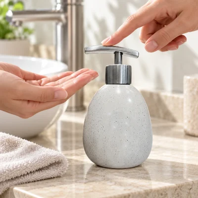 Bình gốm có vòi inox dáng trứng 250 ml, men chấm – một bình gọn tại góc bàn rửa