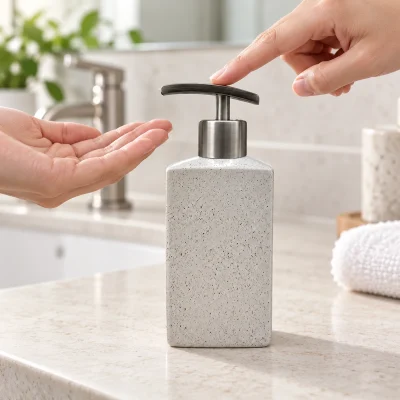 Bình gốm có vòi inox dáng vuông 500 ml, men chấm – đặt trên bàn rửa để thao tác thuận tiện
