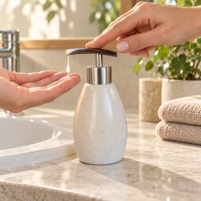 Bình gốm có vòi inox dáng xoài nhỏ 200 ml, men chấm – một điểm nhấn gọn trên bàn chăm sóc cá nhân